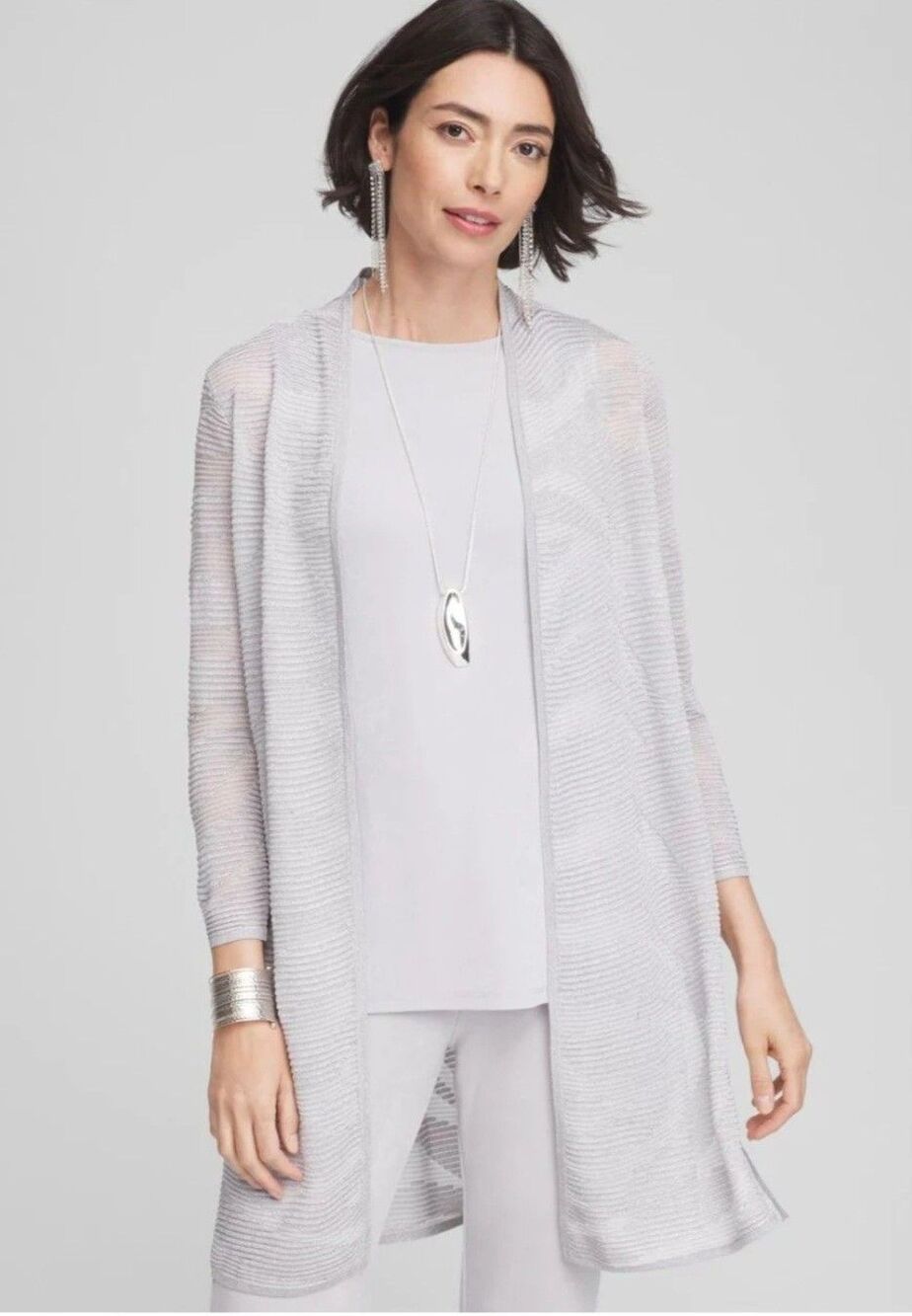 Ladies CHICO'S Silver Metallic Travelers Open Front Duster Cardigan Sz 1/M